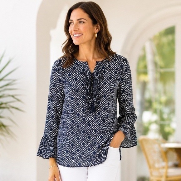 Tory Burch Tops - Tory Burch Silk Blend Ruffle Neck Tunic Blouse Size 6